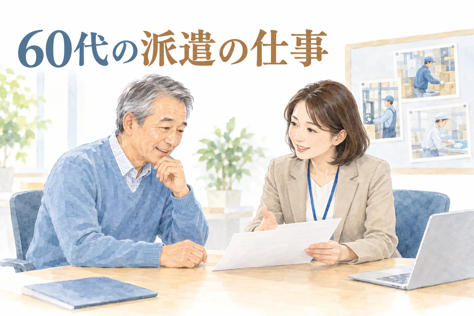 派遣会社の担当者と就業条件明示書を確認する60代の男性