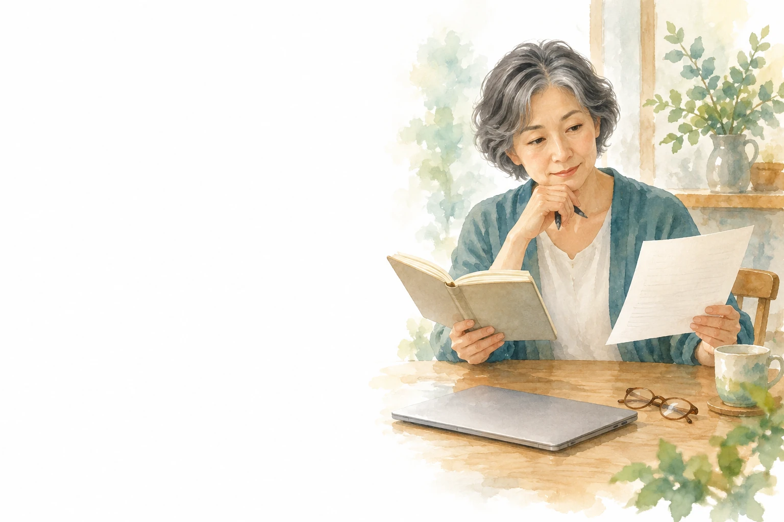 ノートを開いた女性が書類を見る。机には閉じたパソコンと眼鏡がある。