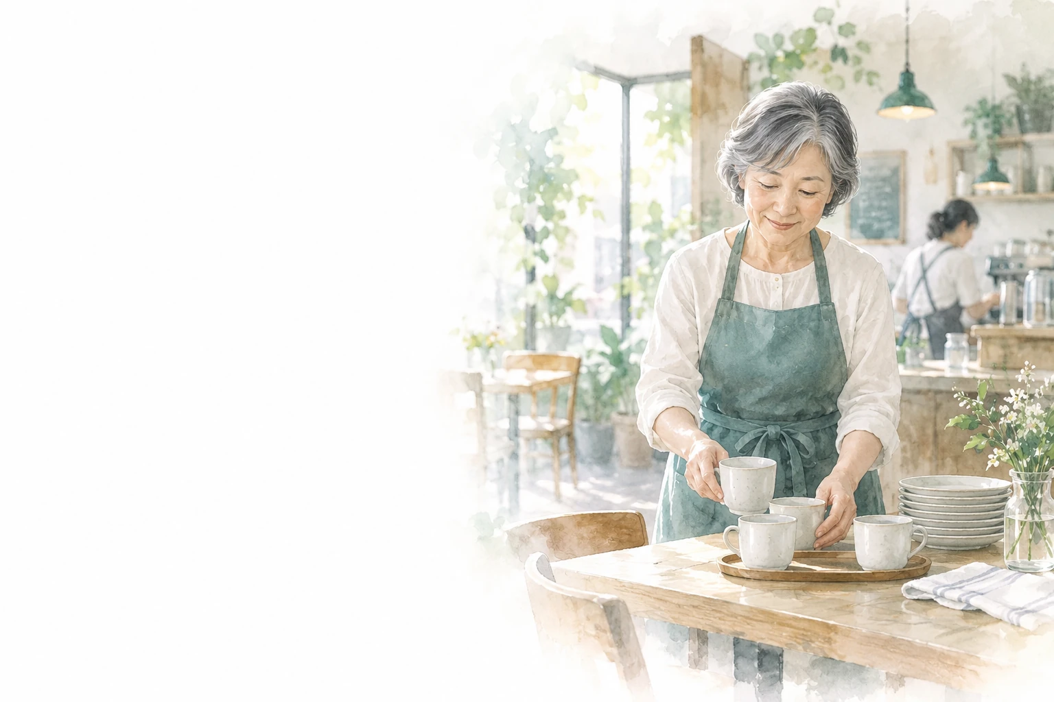 明るい飲食店で、エプロン姿の女性がカップを並べている。奥には一緒に働く人がいる。