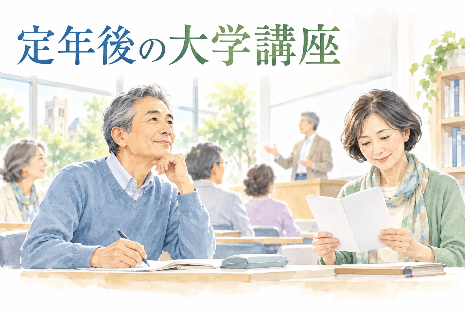 大学の公開講座で学ぶ60代の男女と講座案内を読む女性