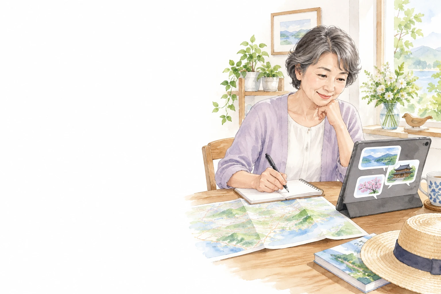 AIの使い方を考える女性が、タブレットと紙の地図を見て手帳に書く場面のイメージ。