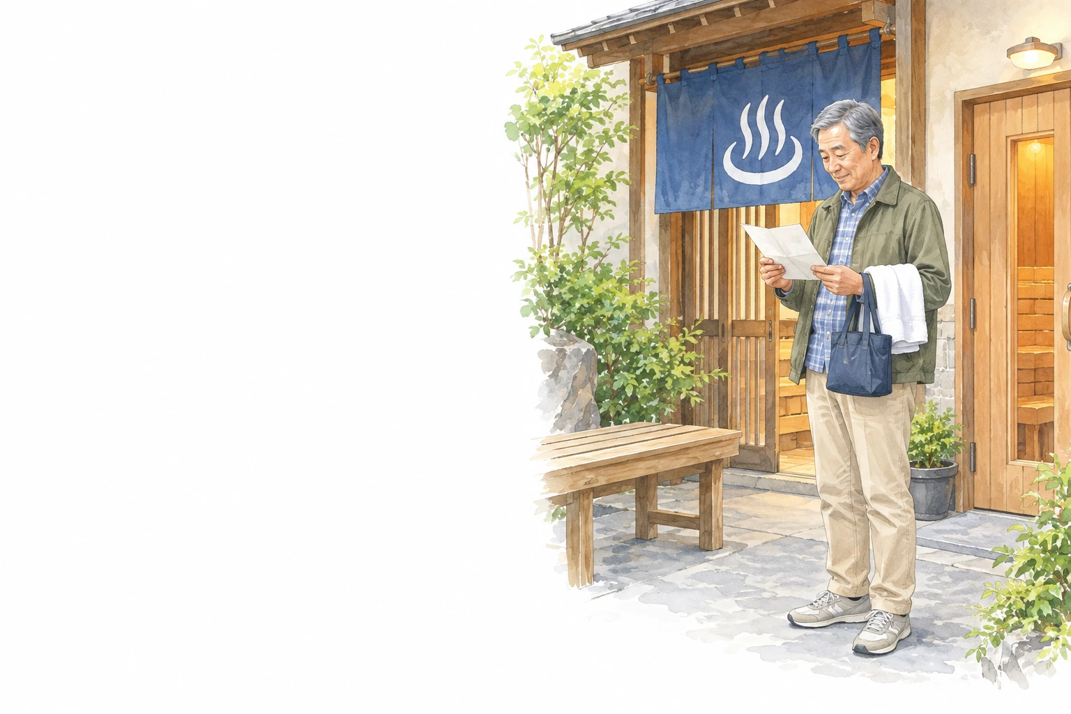 サウナ巡りで、タオルを持って浴場の入口の案内を読む60代男性のイメージ。