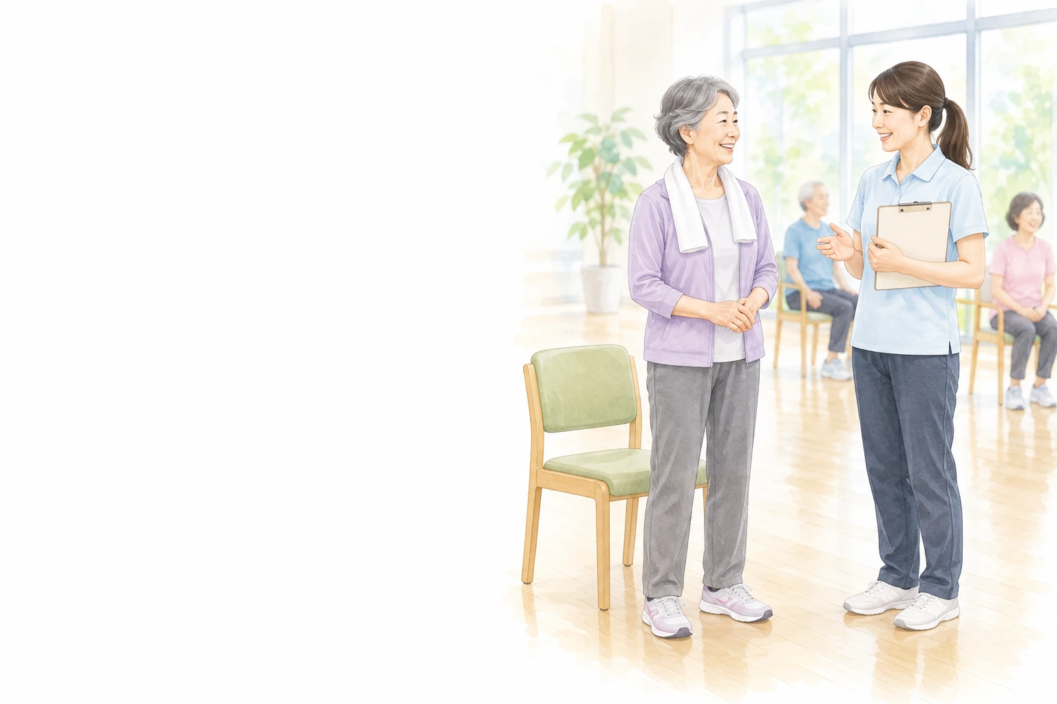 60代の筋トレを始める前に、椅子のある運動教室で指導者と話す女性のイメージ。
