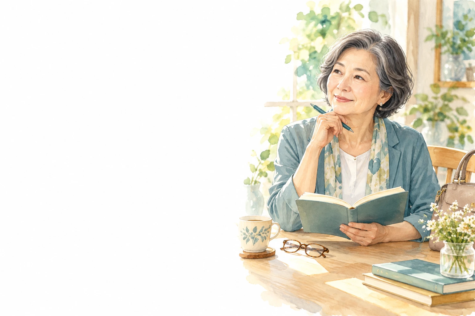 開いたノートを持つ女性。机に本と眼鏡が置かれている。