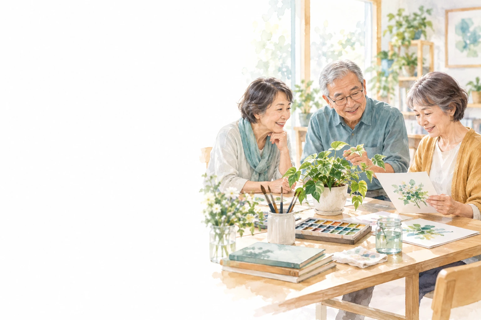 地域の部屋で植物と絵の道具を囲み、穏やかに会話する三人。