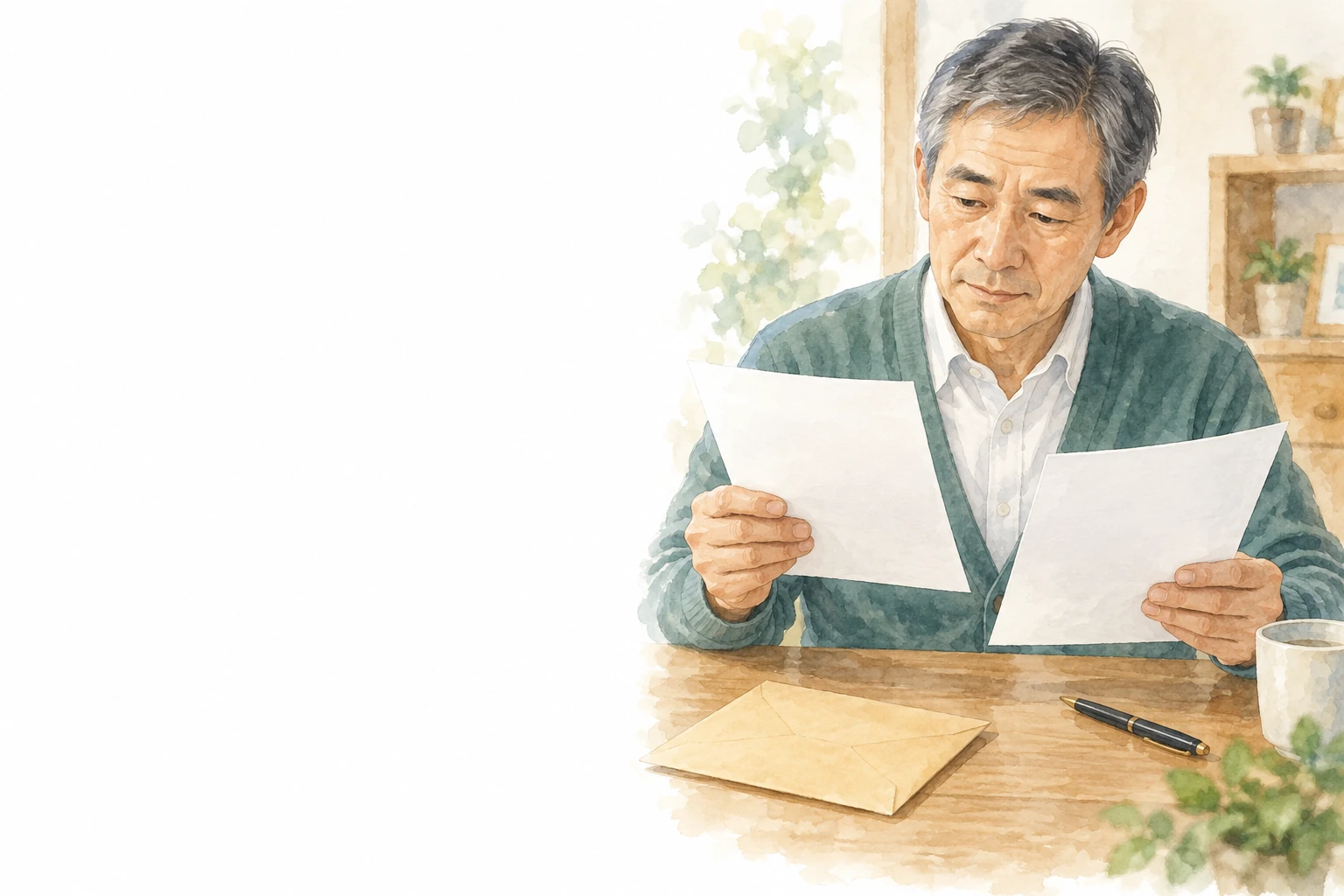 机で二枚の書類を見比べる男性。手前に封筒とペンがある。
