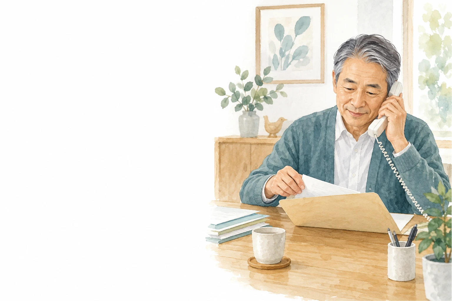 親の介護について相談するため、資料を整理しながら電話をかける男性。
