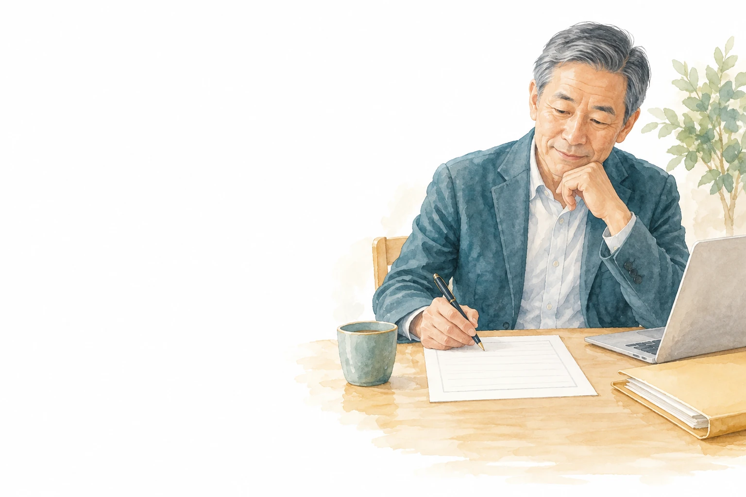 ノートパソコンと書類を置いた机で、紙にペンを走らせる男性。