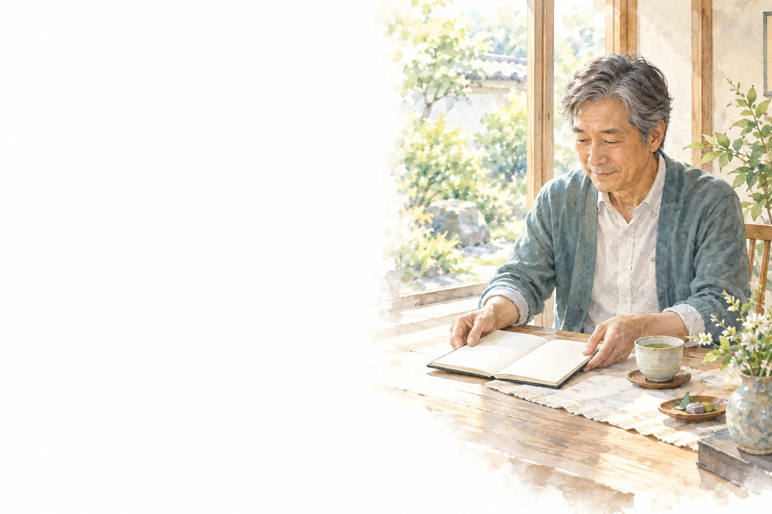 明るい窓辺の机で、茶器のそばに開いたノートを置く男性。