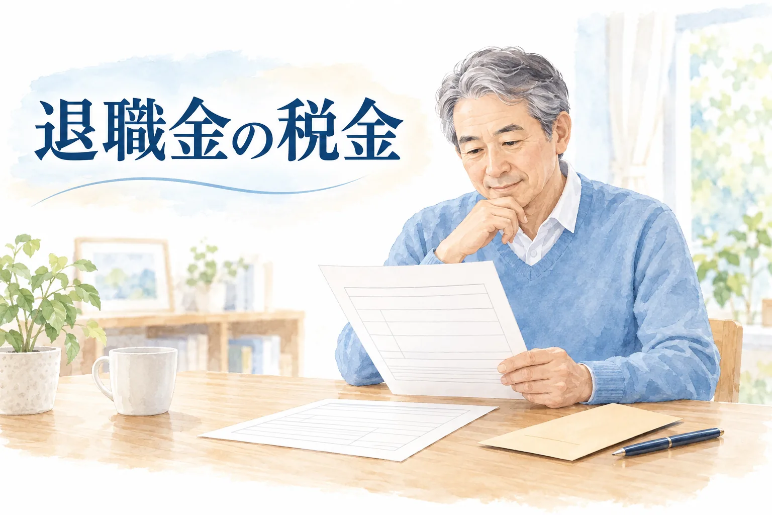 退職所得の申告書と退職金の案内を机で確認する60代の男性