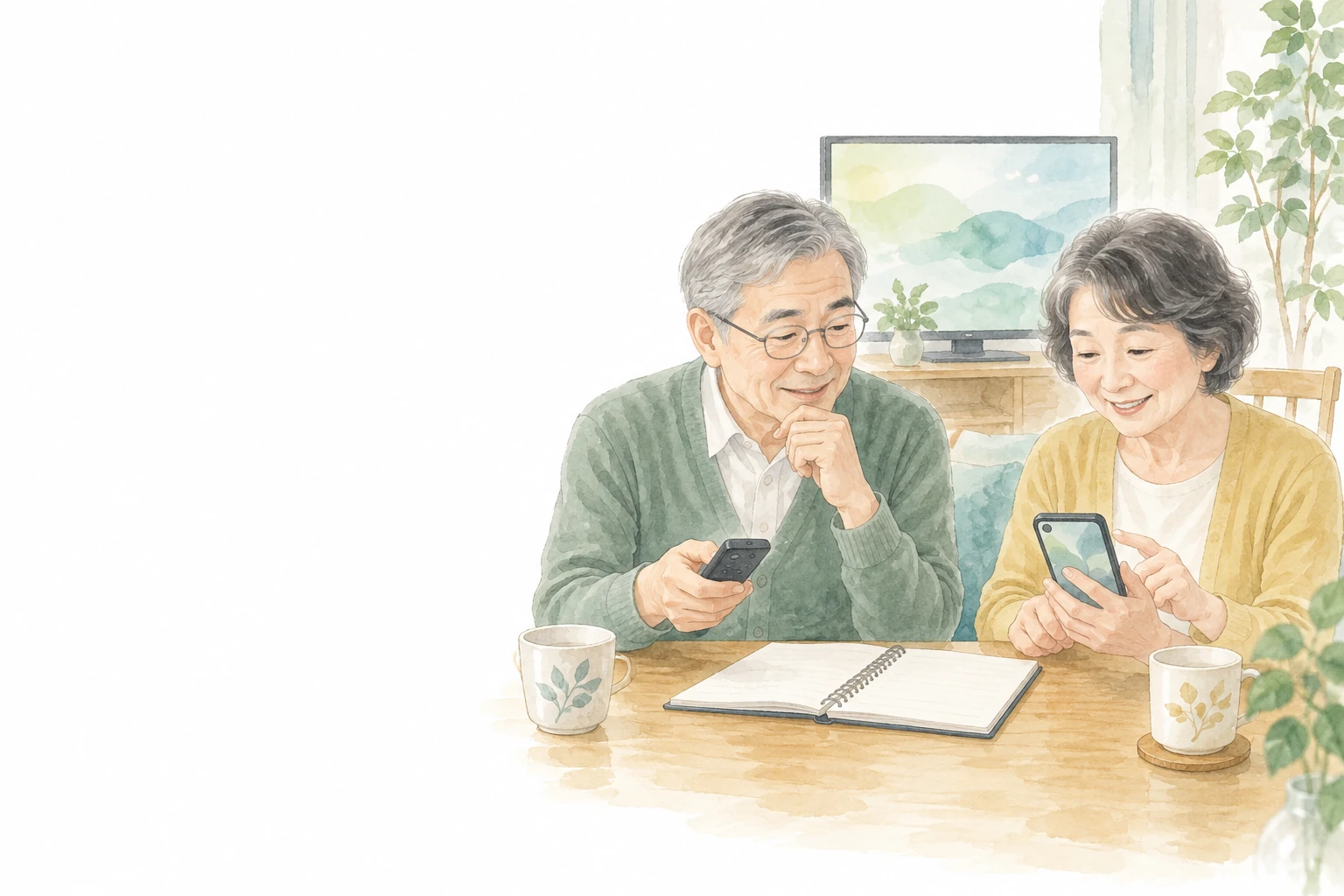 動画配信サービスを比較しながら、夫婦がスマートフォンと手帳で作品やテレビの条件を確かめるイメージ。