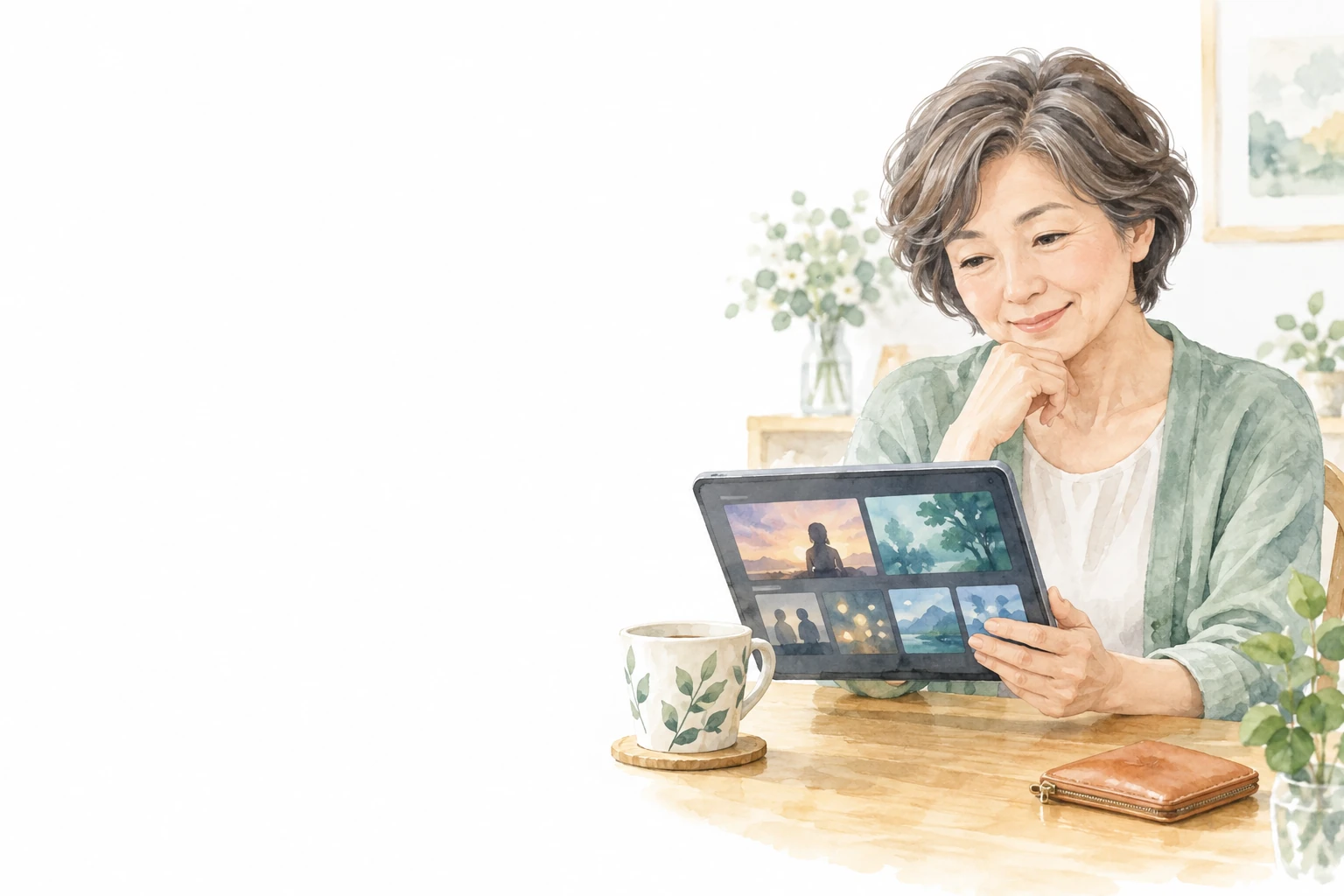 DMM TVの料金を検討するため、タブレットの作品一覧と財布を見ながら考える女性のイメージ。